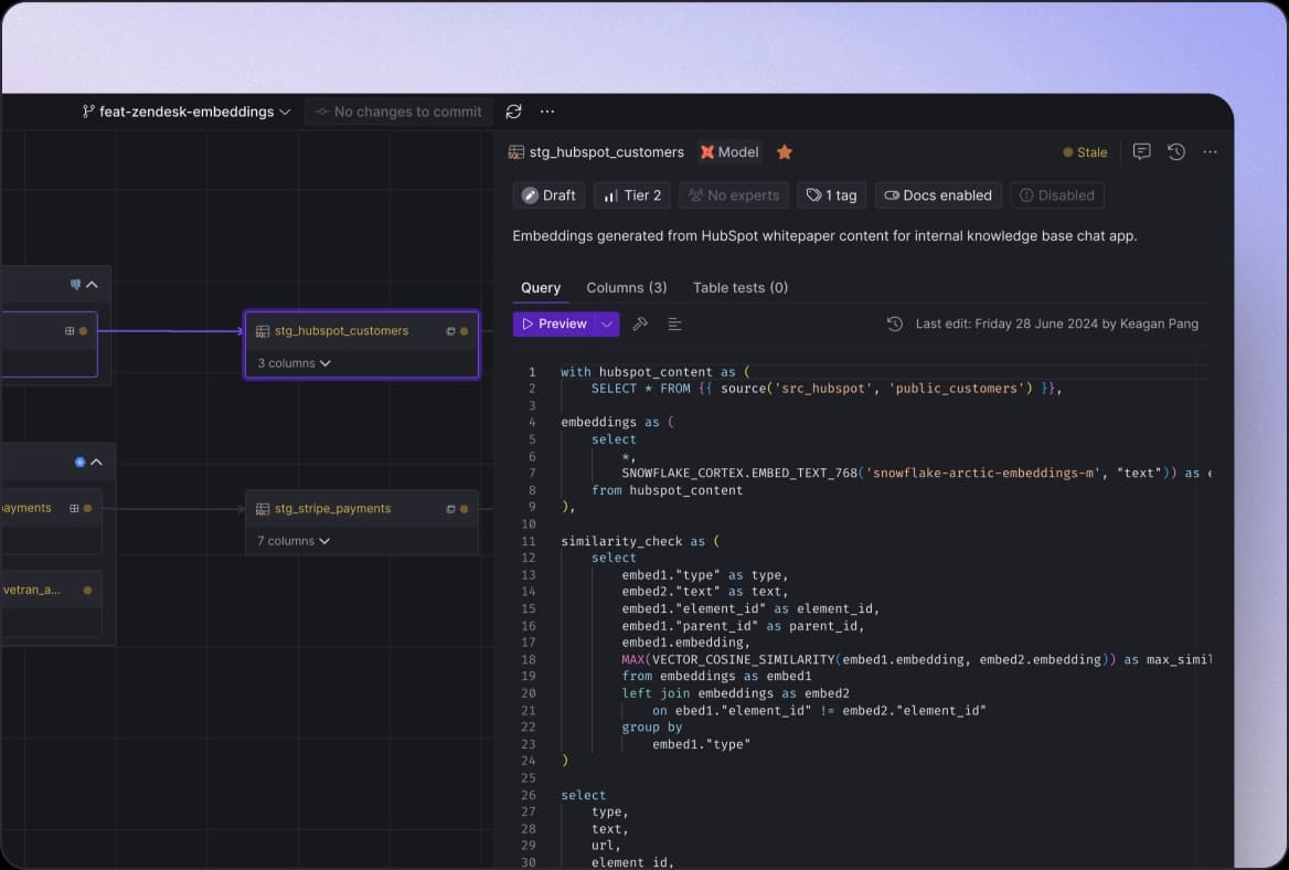 User interface showing lineage graph with asset query editor sheet