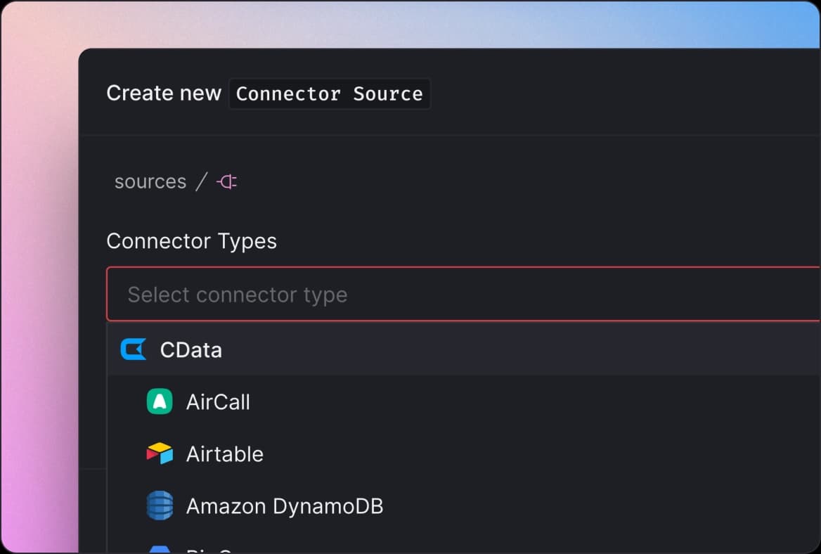 Dialog box showing connector source types.