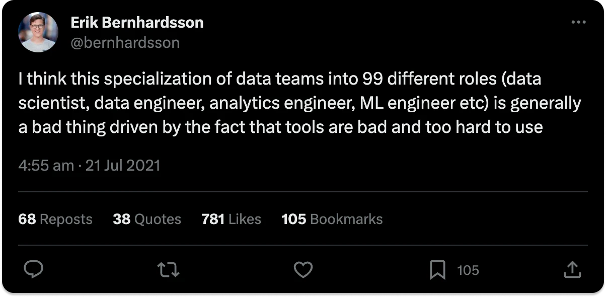 Erik Bernhardsson's tweet about the pitfalls of excessive specialization.