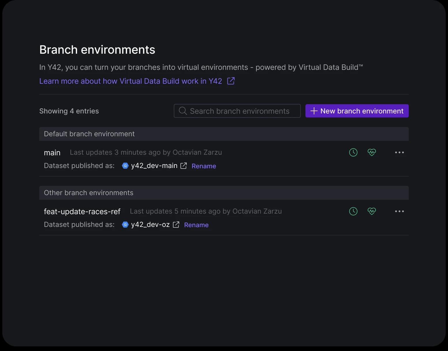 Branch environment screen that allows to publish datasets or set orchestration.