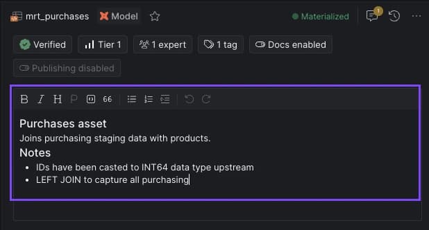 Edit the asset description using markdown