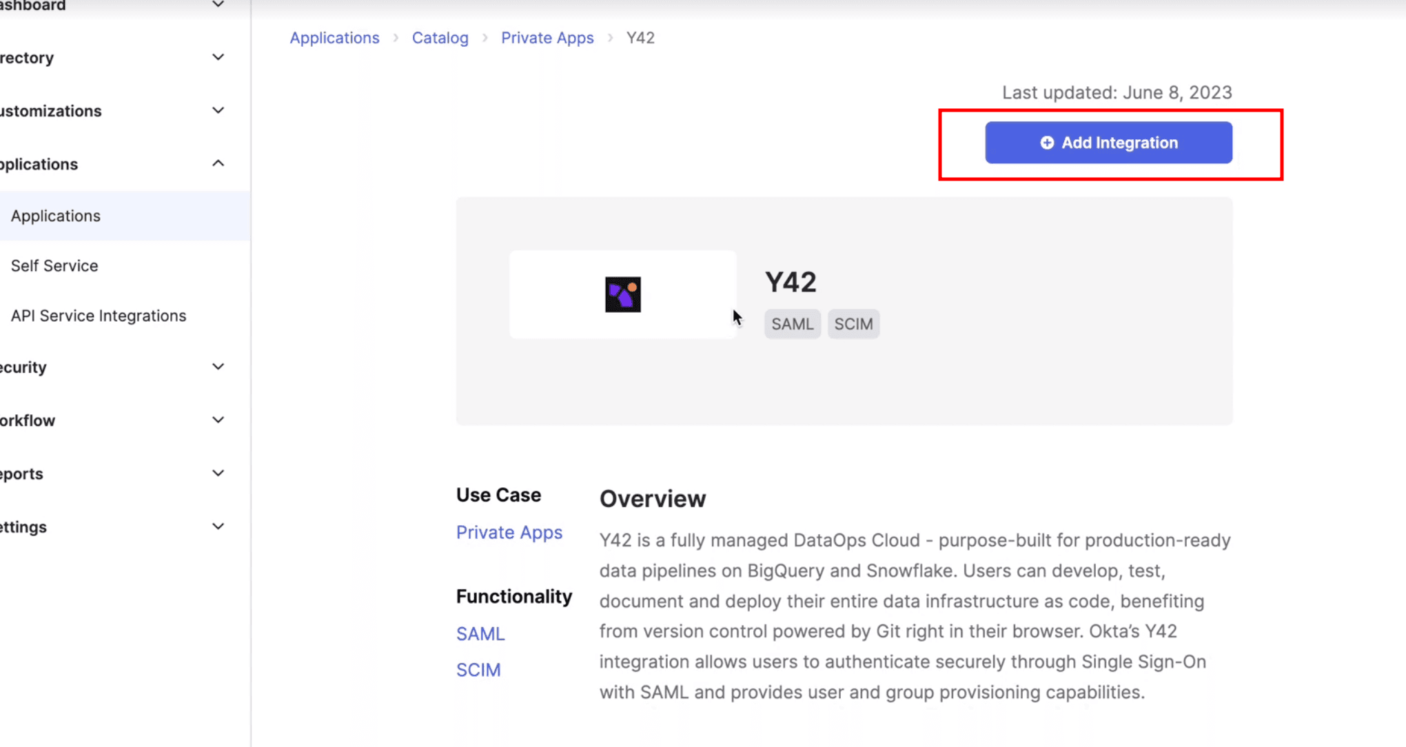 Set-Up Okta in Y42: Add Y42 application to your Okta account.