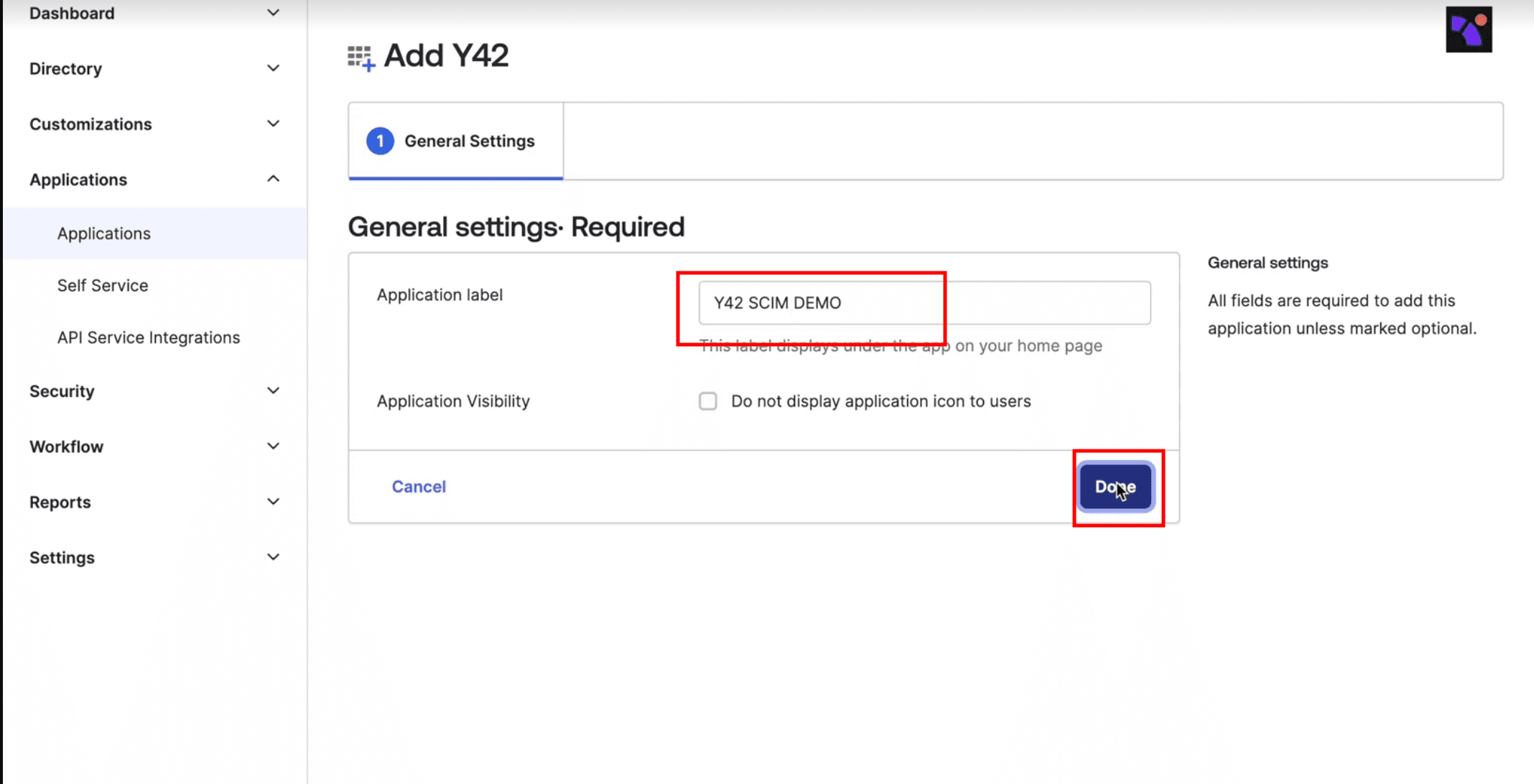 Set-Up Okta in Y42: Add a name to your Y42 Okta application.