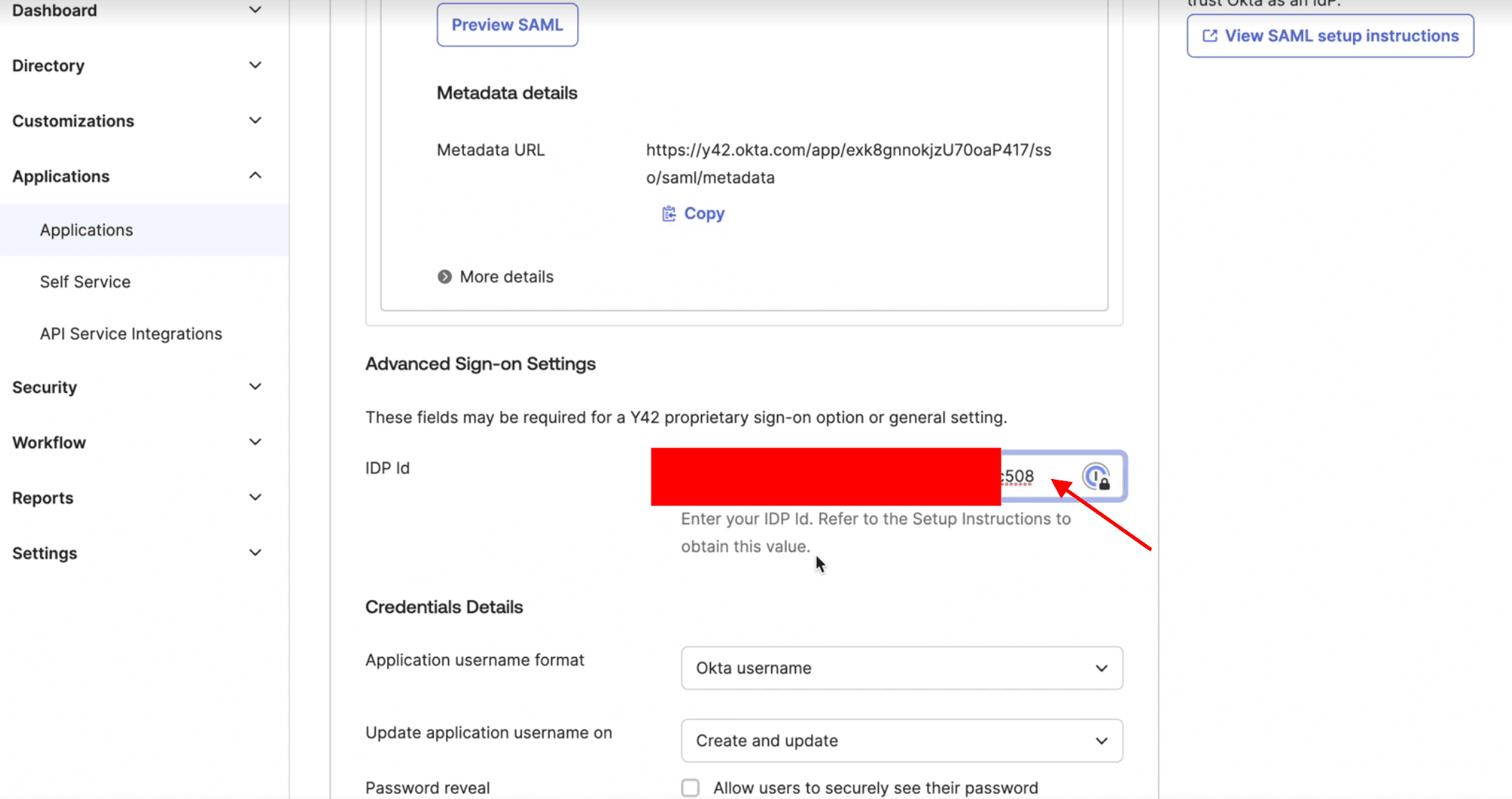 Set-Up Okta in Y42: Add IDP ID value to Y42 Okta application.