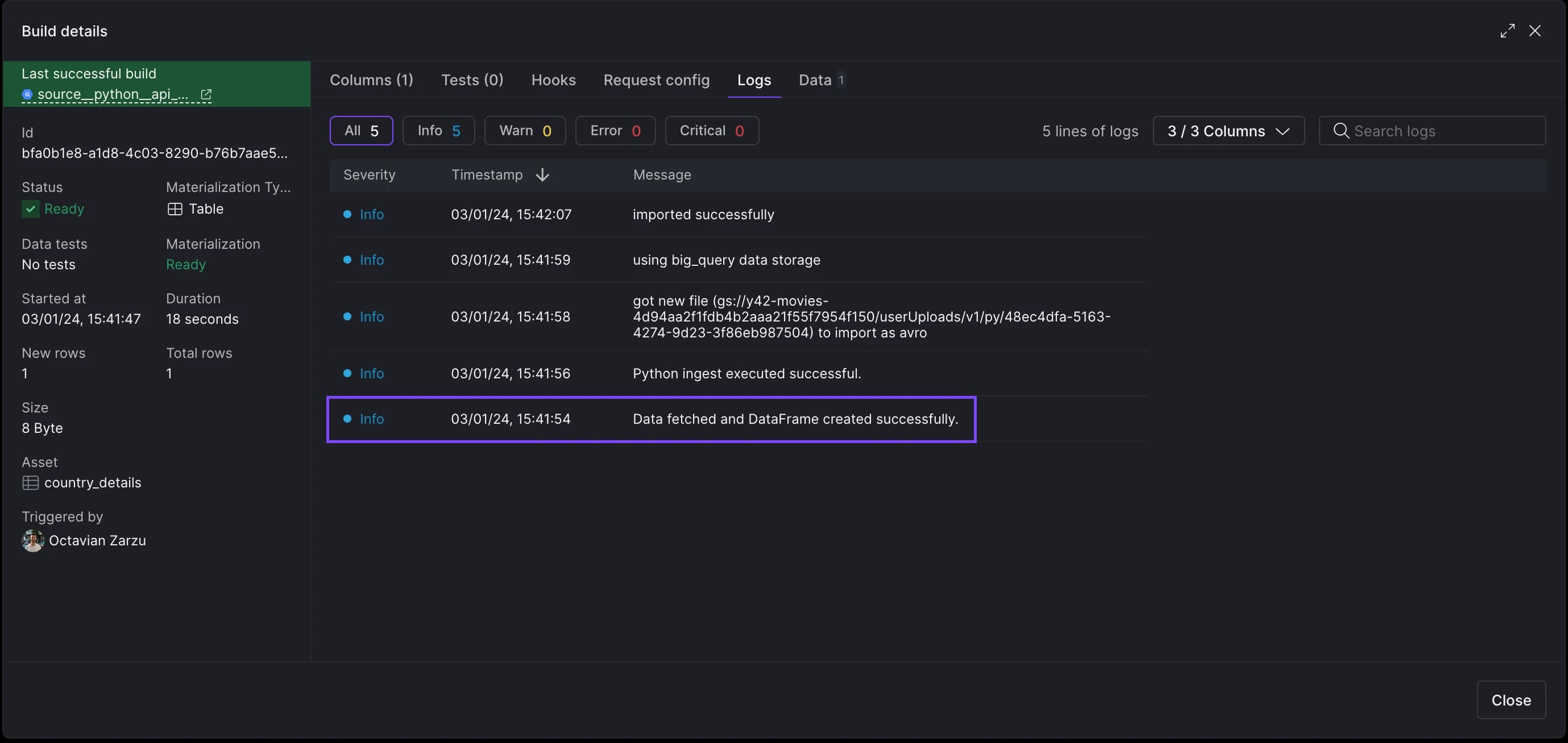 Visualize Python asset logs in the Builg history tab.