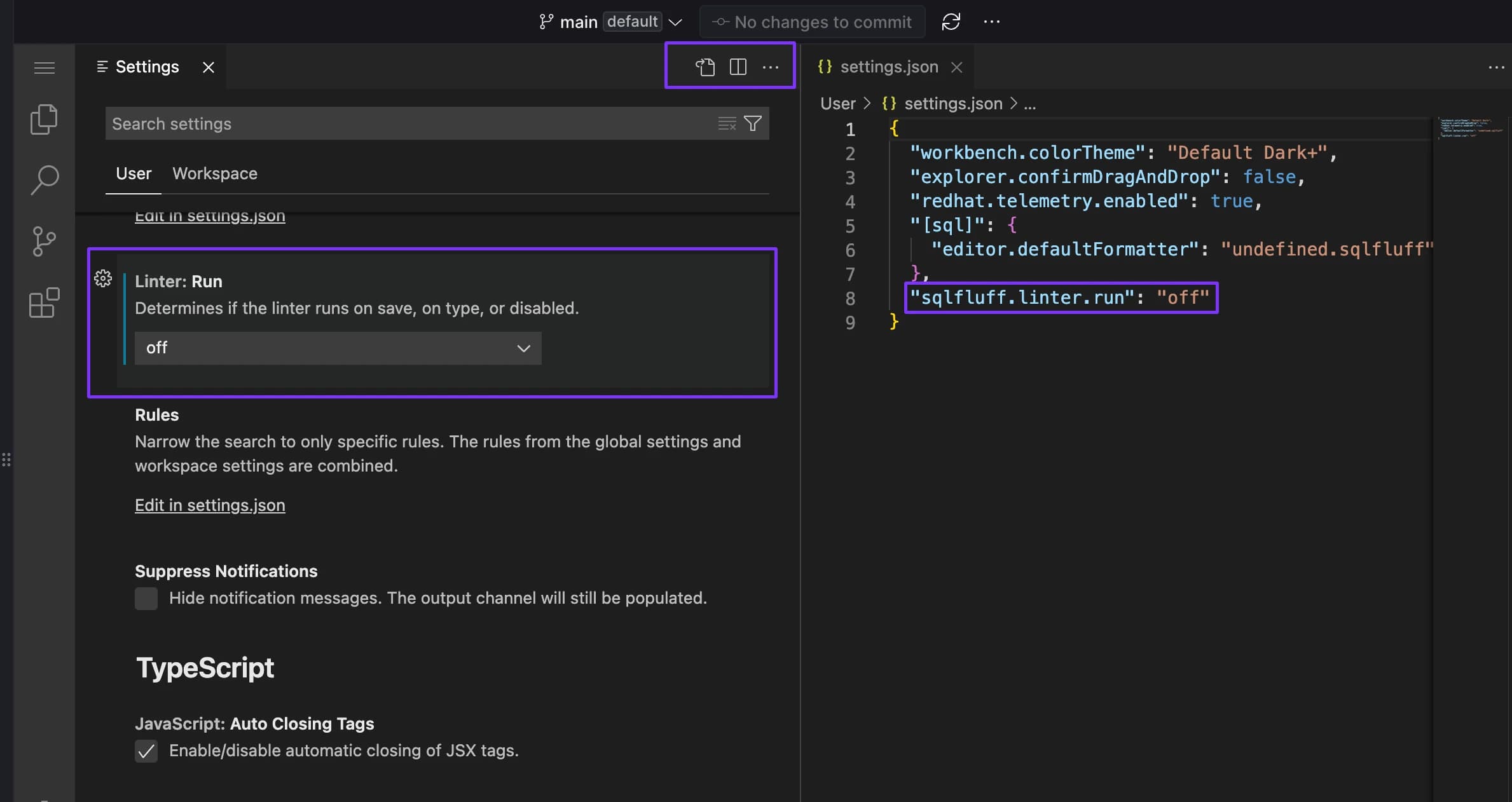 Turning off SQLFluff linter in Settings also modifies the settings.json file.