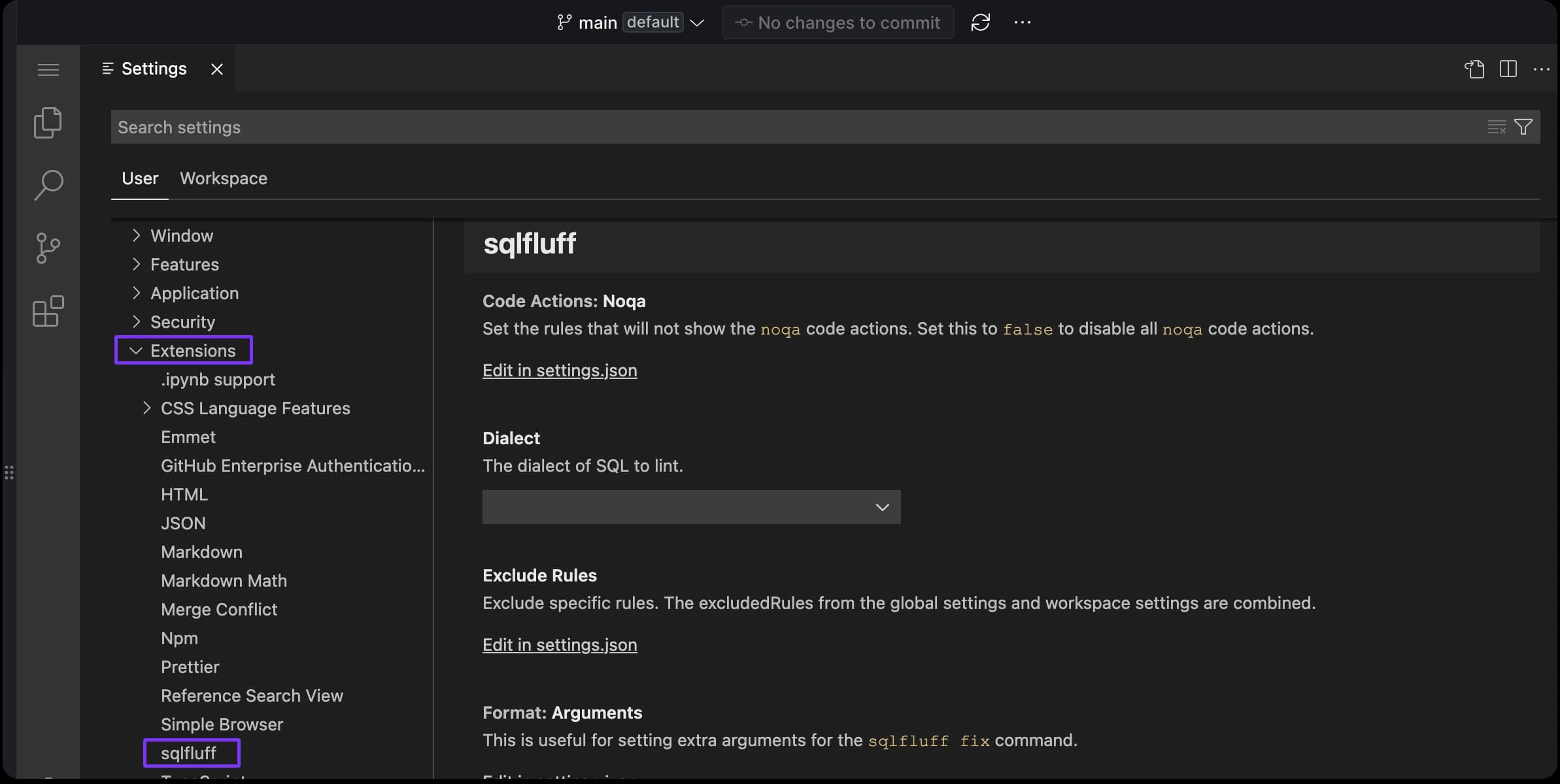 Locating SQLFluff settings.