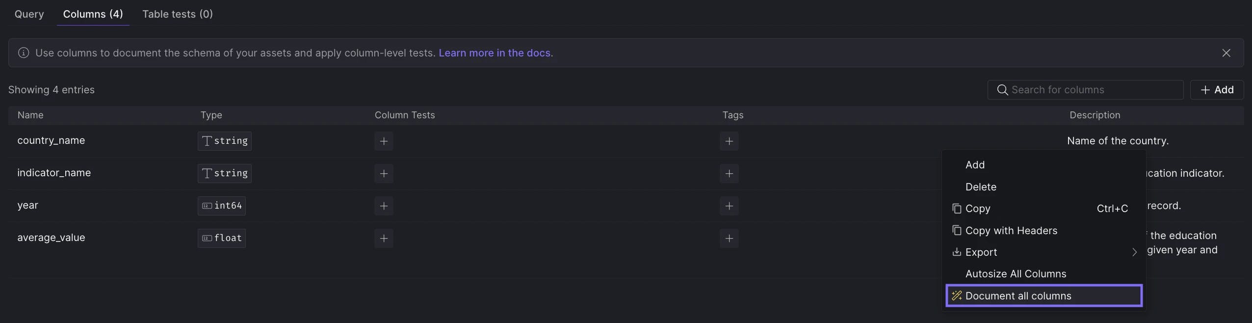 Generating descriptions for all columns.